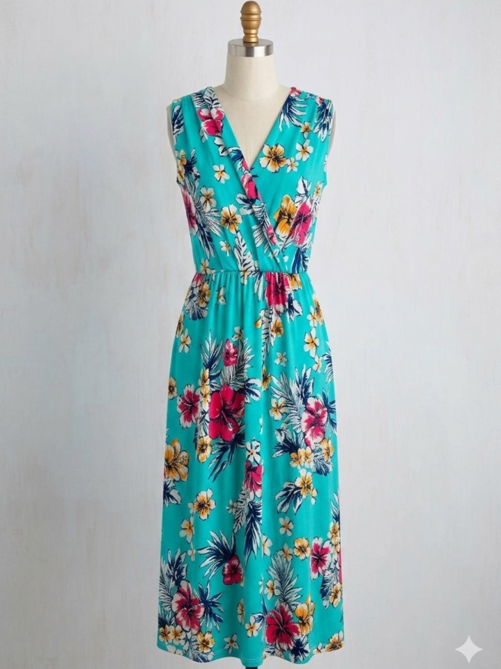 ModCloth x Gilli Tropical Hibiscus Floral Faux Wrap Midi Dress Small Turquoise